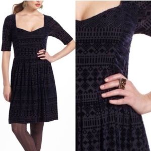 Navy blue velvet Anthropologie dress with sweetheart neckline